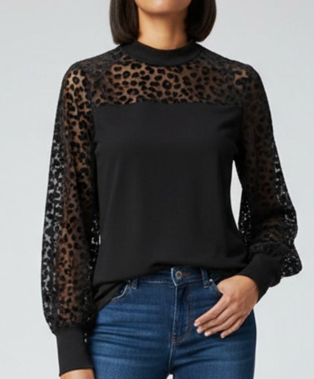 Long Sleeve Blouse Women's SM Black Sheer Leopard Print VENUS